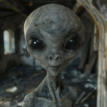 Photorealistic Alien in Abandoned Building - Zeta Reticuli Grey
