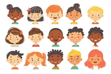 Cute cartoon different nationalities children avatars set.