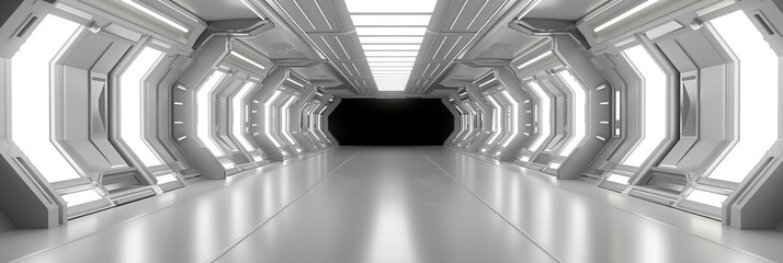 Empty white Futuristic endless Long Light Corridor. Modern surreal white background. Futuristic...