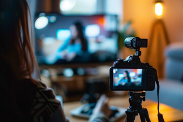 Woman Operating Video Camera in Front of TV