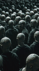Obraz premium Large Gathering of Identical Bald Figures in Dark Attire Standing in Dim Light