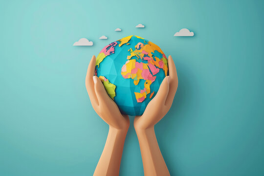 Hands Holding a Colorful Paper Globe on World Humanist Day Against a Blue Background - Powered by Adobe