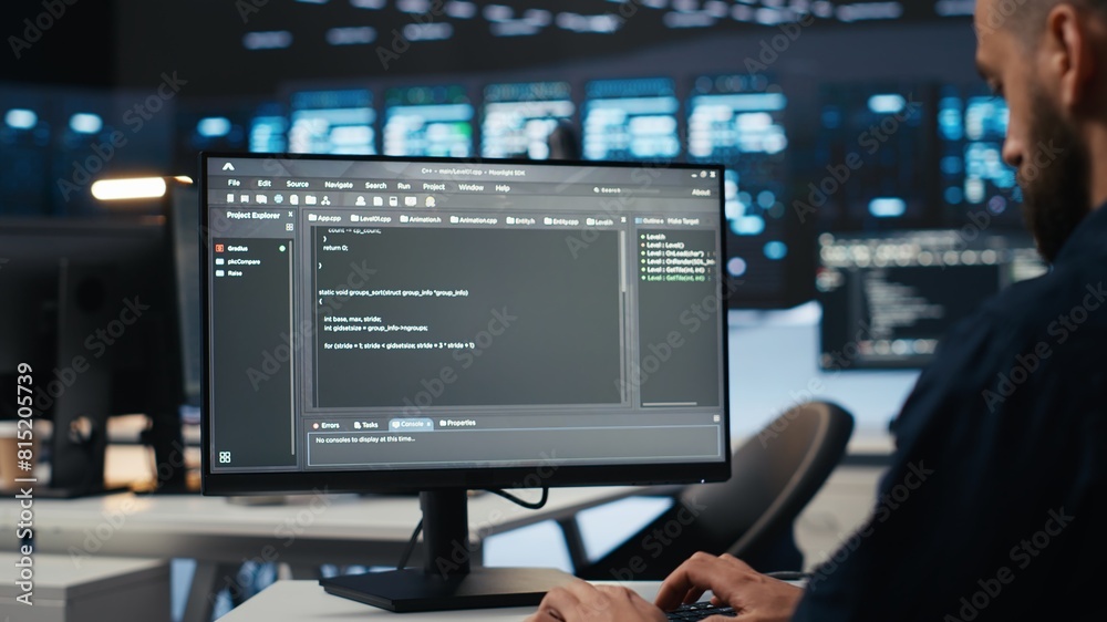 Poster it employee programming in server hub housing supercomputers storing datasets. close up shot of expe