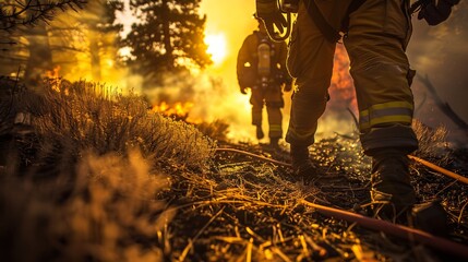 Two firefighters are walking through a field of dry grass