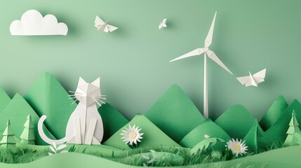 Innovative Ideas in Renewable Energy Harnessing Wind Power with Paper Cat and Mountain Sign Striving for Carbon Neutrality and Emission Reduction Embracing ESG Principles for Cleaner Energy