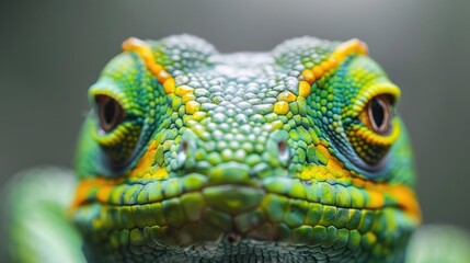 Fototapeta premium A green chameleon is looking at the camera. The chameleon has yellow eyes and a yellow and green body.