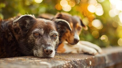 Two cute dogs are lying on the wooden fence in the backyard, they are best friends.