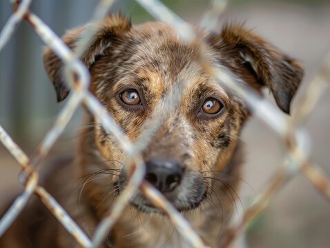 The photo shows a closeup of a brown and white dog looking through a chain link fence