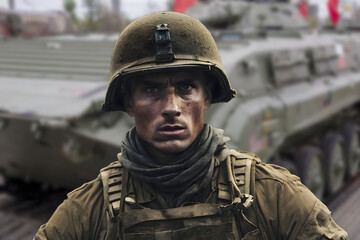 Portrait of a military man on the background of military equipment.