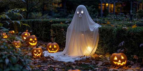 Spooky Halloween Scene with Ghost Costume and Illuminated Carved Pumpkins at Night