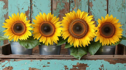 Bright Sunflowers in Metal Pots Against a Vintage Turquoise Wooden Background