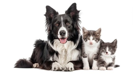 Border collie dog and kitten sit together and look at camera. isolated on white . Generative Ai