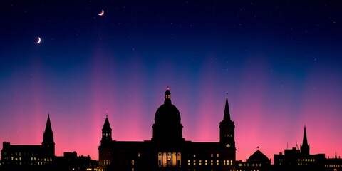 Stunning Twilight Skyline with Vibrant Pink and Blue Hues Over Historical City Buildings