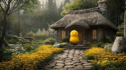 Enchanting Forest Cottage with a Giant Yellow Duck in a Magical Overgrown Garden