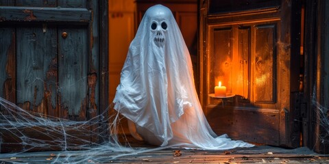Spooky Ghost Costume in a Creepy, Dimly Lit Room with a Flickering Fireplace Background