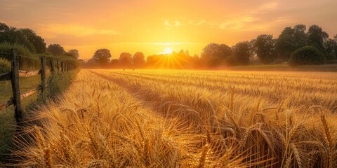 Breathtaking Sunset Over Golden Wheat Field with Lush Trees and Radiant Sky