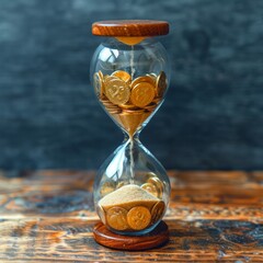 Vintage Hourglass Filled With Gold Coins on a Wooden Table, Concept of Time and Investment