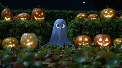 Enchanting Halloween Night Scene with Ghost and Illuminated Jack-o'-Lanterns in a Garden