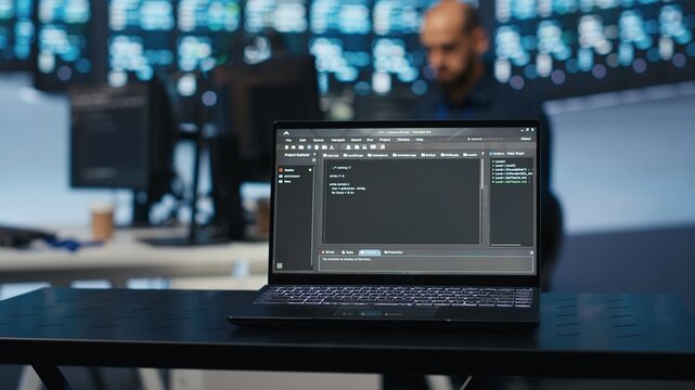 Focus on laptop used by technician in blurry background programming in data center room housing servers. Close up shot of code lines on notebook display in data storage facility