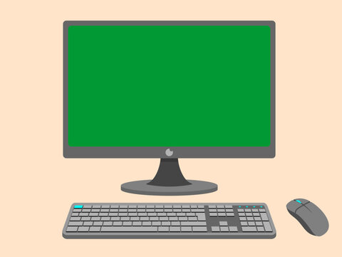 Monitor keyboard and mouse vector illustration isolated on color background flat cartoon style, idea of computer workplace, with copyspace area monitor on editable green screen.