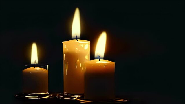 Memorial Concept. Candle flames flicker in solemn remembrance. Looping video background for memorial services and tributes. Three candles burning brightly in the darkness. 