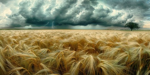 Stormy Sky Over a Golden Wheat Field with Ominous Clouds and a Glimpse of Sunshine