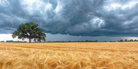 Majestic Lone Tree on Golden Wheat Field Under Stormy Sky at the Edge of Horizon