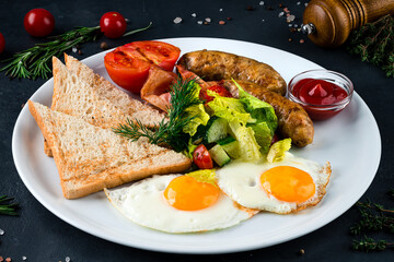 Food Fried egg dish on white plate with toast and vegetables