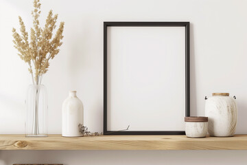 Empty mock up black poster frame on wooden shelf. Interior design of modern living room with white wall and home decor pieces. Created with generative AI