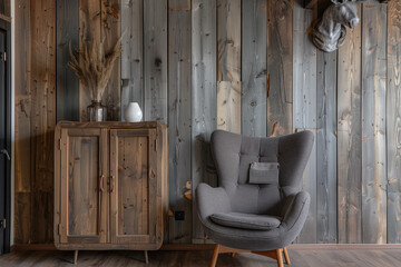 Armchair and wooden cabinet near wooden planks paneling wall. Loft interior design of modern living room home.