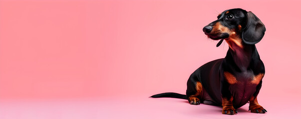 Dachshund dog web banner. Cute dachshund isolated on pink background with space for text.