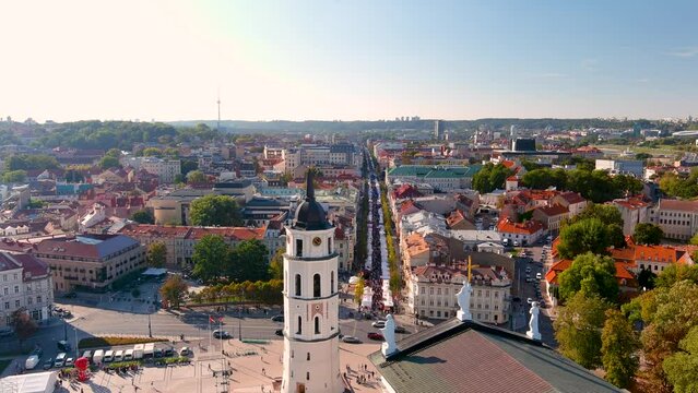 Aerial view of annual Nations Fair, where masters from the national communities of Lithuania present their arts, crafts, national customs and traditions. Vilnius Old town, Lithuania.