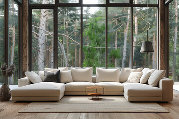 Beige corner sofa against of big windows. Minimalist interior design of modern living room in country house in forest. Created with generative AI