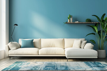 Beige corner sofa against blue wall and shelf. Scandinavian interior design of modern living room home.