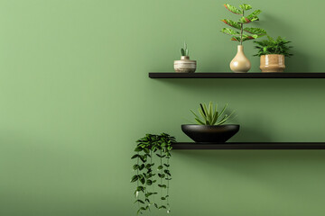 Black shelf on olive color wall. Japanese interior design of modern living room hall home.