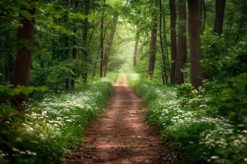 A peaceful forest trail leads into the distance with lush green trees on either side and a soft focused background, symbolizing tranquility and nature's beauty Generative AI