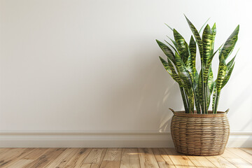 Blank interior wall mockup with snake plant in wicker basket standing on wooden floor in empty living room. Illustration 3d rendering