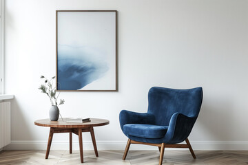 Blue armchair near wooden long coffee table against of white wall with big art canvas poster frame. Mid-century interior design of modern living room. Created with generative AI