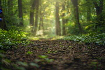 old forest path, wide angle view with a blurred background from a low camera perspective with high contrast under natural light, green foliage with a soft focus Generative AI