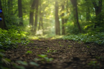 old forest path, wide angle view with a blurred background from a low camera perspective with high contrast under natural light, green foliage with a soft focus Generative AI - Powered by Adobe
