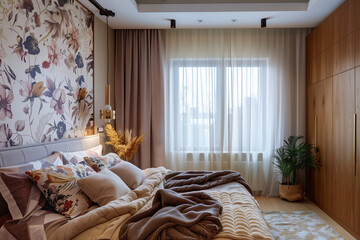 Bohemian interior design of modern bedroom.