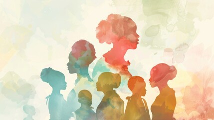 Artistic illustration featuring abstract silhouettes of diverse individuals, highlighting various profiles and hairstyles in muted, earthy tones.
