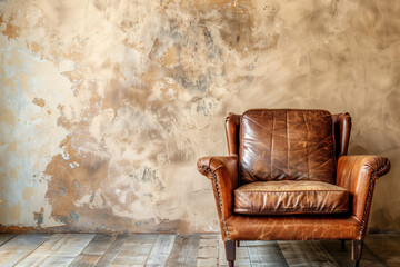 Brown leather chair near beige stucco wall. Loft interior design of modern living room home.