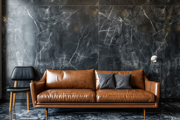 Brown leather sofa and chair against black marble tiled wall. Loft home interior design of modern living room.