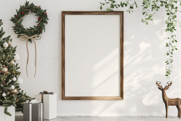 Brown vertical frame mockup in white interior with hanging Christmas decoration wooden deer and green plant garland. 3D rendering illustration.