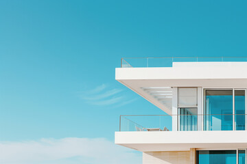 Close up of luxury house white villa with balcony terrace over blue sky. Minimalist architecture background with copy space.