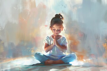 adorable little girl practicing yoga morning exercise routine healthy kid lifestyle digital painting