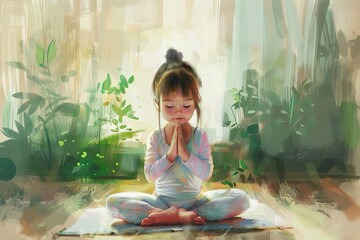 adorable little girl practicing yoga morning exercise routine healthy kid lifestyle digital painting