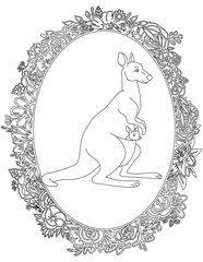 Kangaroo in A Floral Frame Coloring Page. Printable Coloring Worksheet for Kids. Educational Resources for School and Preschool.
