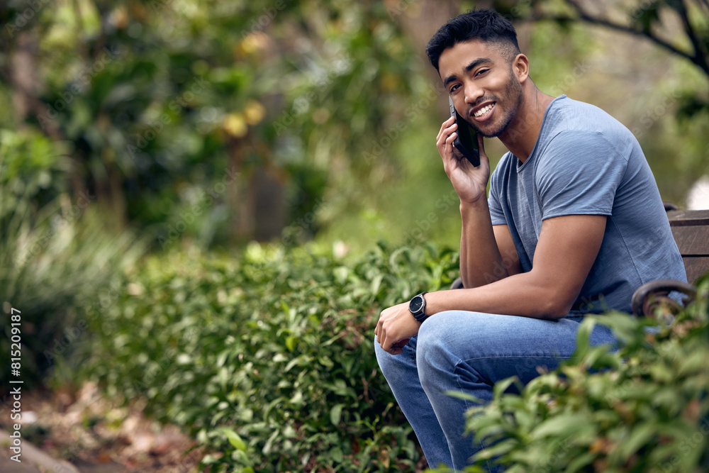 Aufkleber phone call, man and college student in park, smile and talking with connection to contact and chat. 